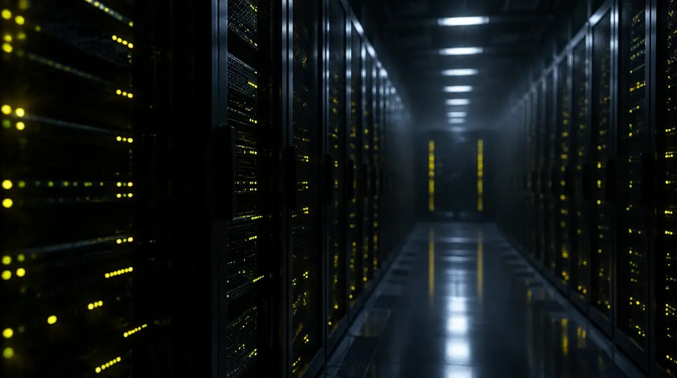 Serverschränke mit gelben Statusleuchten in einem Rechenzentrum