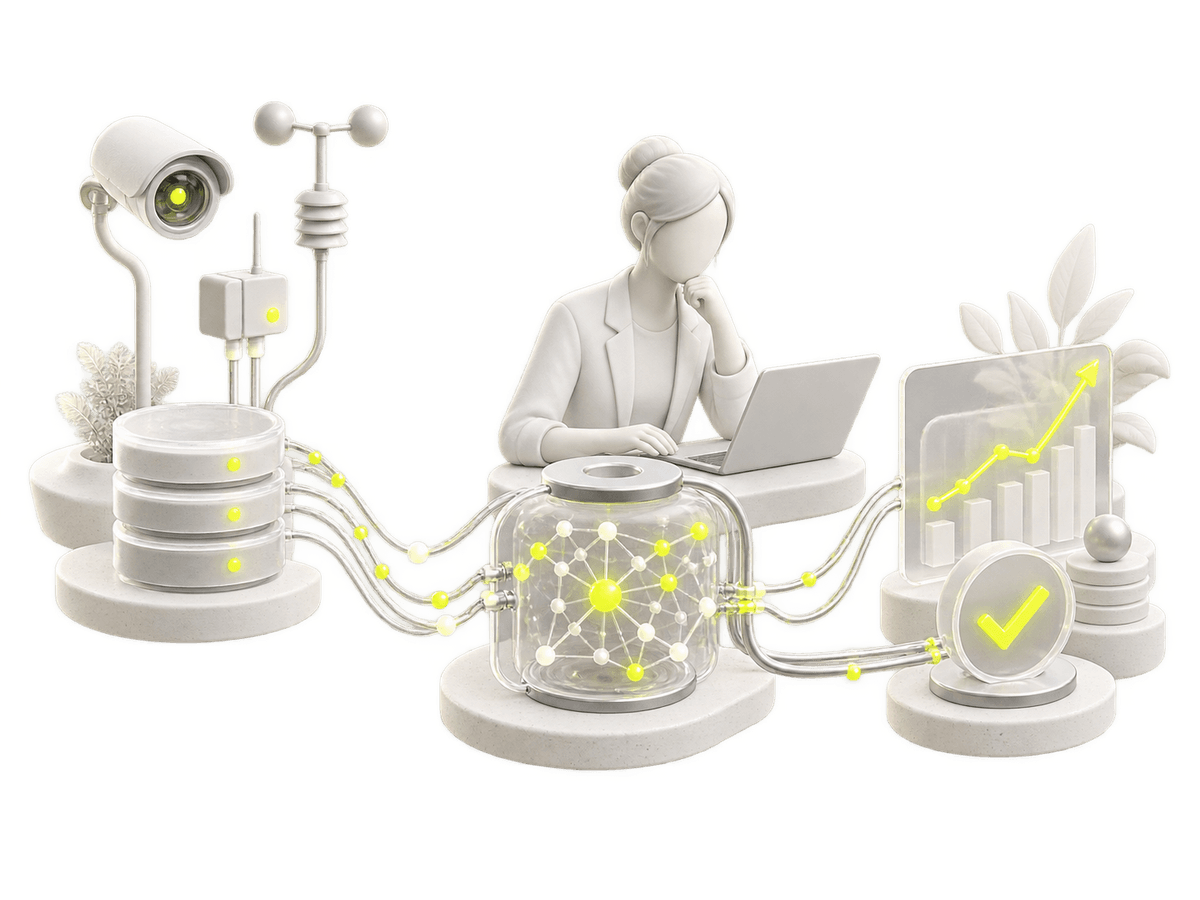 Illustration einer Datenanalystin mit Sensorik, Machine-Learning-Modell und geprüftem Ergebnis