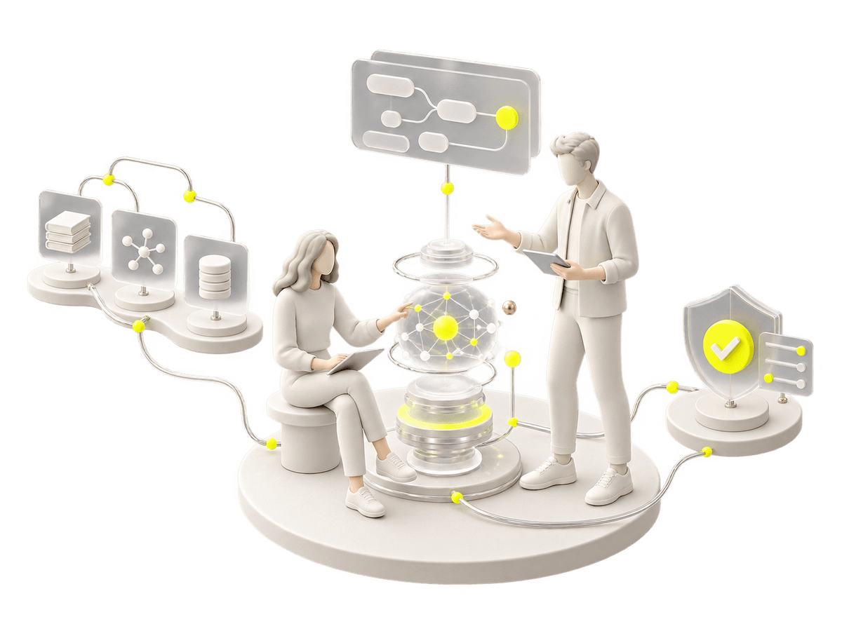 Illustration eines KI-Strategie-Workshops mit Menschen, Prozesslandkarte und kontrollierten KI-Knoten