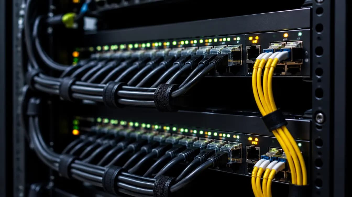 Netzwerkschrank mit Patchpanel und gelben Glasfaserkabeln